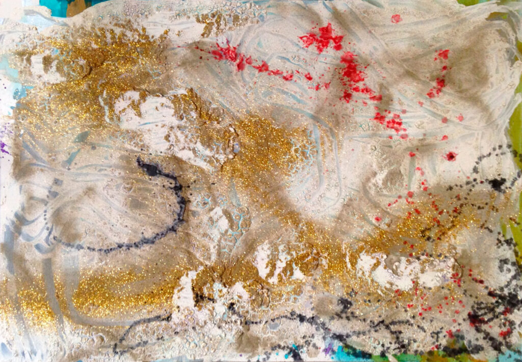 I Colori dell'Aria 70 x 100 - Tempera acrilica, tempera ad acqua, sabbia, glitter oro e cera di candela su tela
